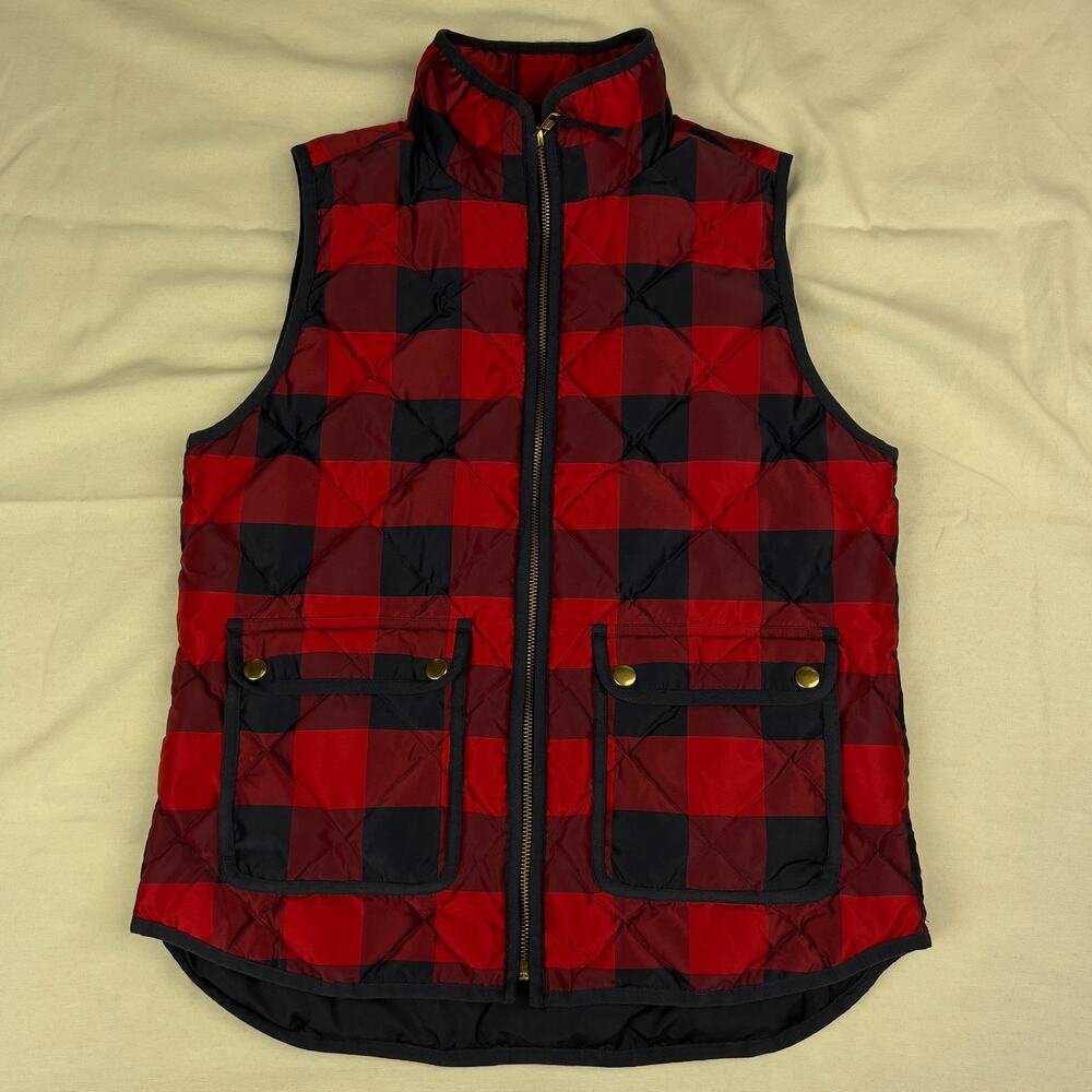 J.Crew Women’s S Excursion Quilted Down Vest Red Navy Buffalo Plaid Puffer NICE